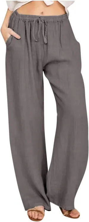 Womens Summer Cotton Linen Pants High Waist Casual Wide Leg Long Palazzo Pants Loose Boho Beach Trousers