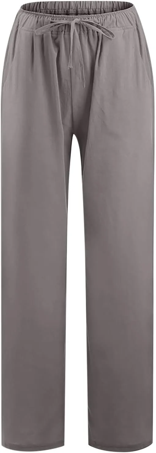 Womens Summer Cotton Linen Pants High Waist Casual Wide Leg Long Palazzo Pants Loose Boho Beach Trousers