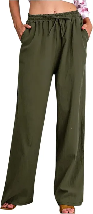 Women's Summer Drawstring Waist Pants Cotton Linen Loose Fit Palazzo Pants 2025 Boho Wide Leg Trousers with Pockets
