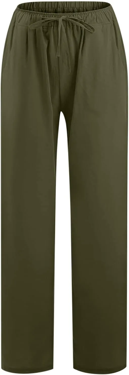 Women's Summer Drawstring Waist Pants Cotton Linen Loose Fit Palazzo Pants 2025 Boho Wide Leg Trousers with Pockets