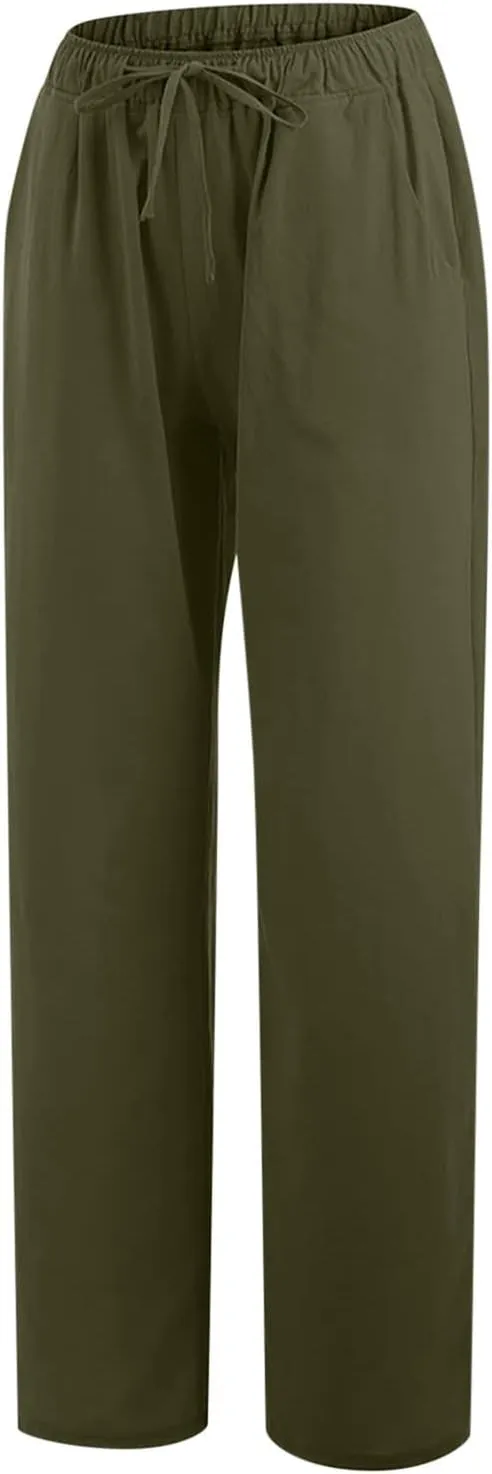 Women's Summer Drawstring Waist Pants Cotton Linen Loose Fit Palazzo Pants 2025 Boho Wide Leg Trousers with Pockets