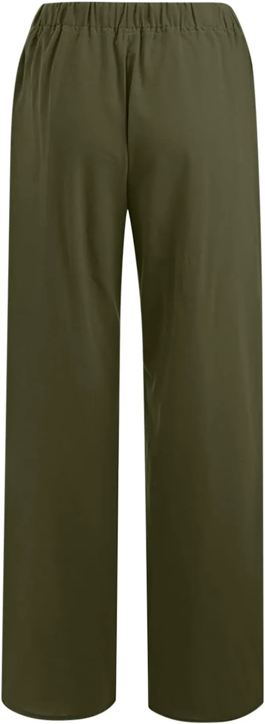 Women's Summer Drawstring Waist Pants Cotton Linen Loose Fit Palazzo Pants 2025 Boho Wide Leg Trousers with Pockets