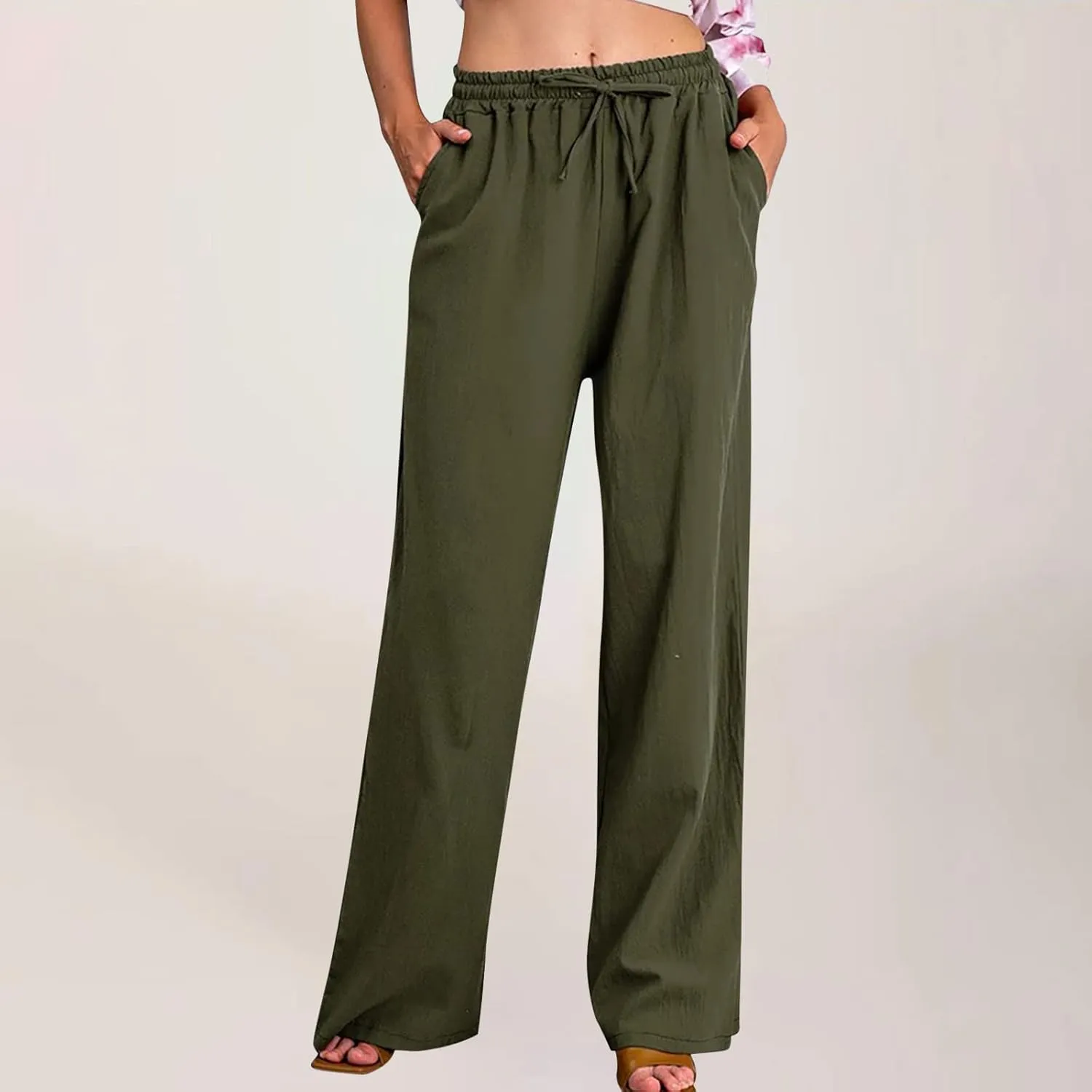 Women's Summer Drawstring Waist Pants Cotton Linen Loose Fit Palazzo Pants 2025 Boho Wide Leg Trousers with Pockets