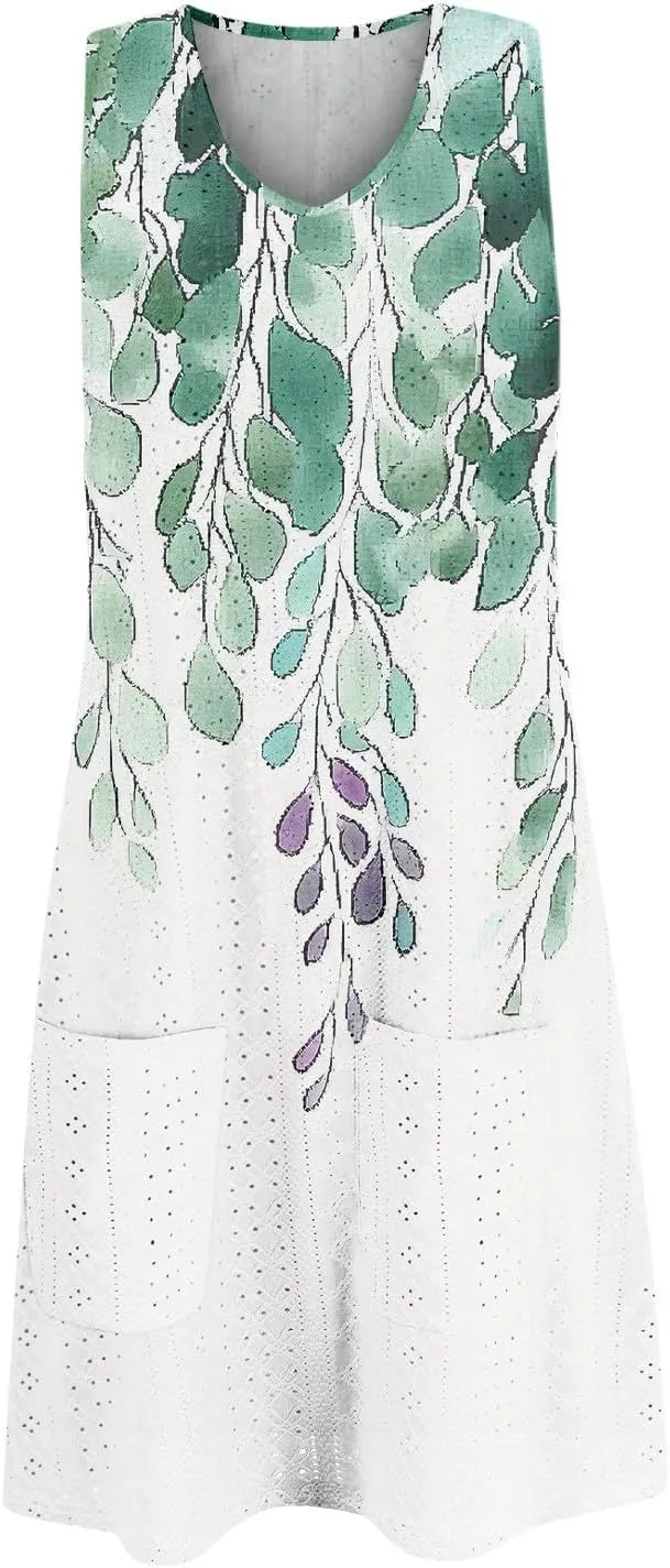 Womens Summer Dresses 2025 Loose Crewneck Sleeveless Tank Dress Casual Eyelet Sundress Swimsuit Coverup with Pockets