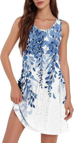 Womens Summer Dresses 2025 Loose Crewneck Sleeveless Tank Dress Casual Eyelet Sundress Swimsuit Coverup with Pockets
