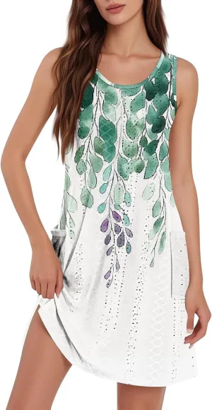 Womens Summer Dresses 2025 Loose Crewneck Sleeveless Tank Dress Casual Eyelet Sundress Swimsuit Coverup with Pockets