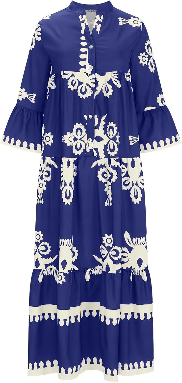 Womens Summer Kaftan Dress Plus Size Batwing Sleeve Caftans Vneck Ethnic Prints Beach Bathing Suit Cover Ups