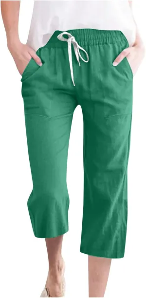 Womens Summer Linen Pants 2025 High Waisted Wide Leg Yoga Pants Lightweight Travel Loose Capris Cropped Trousers