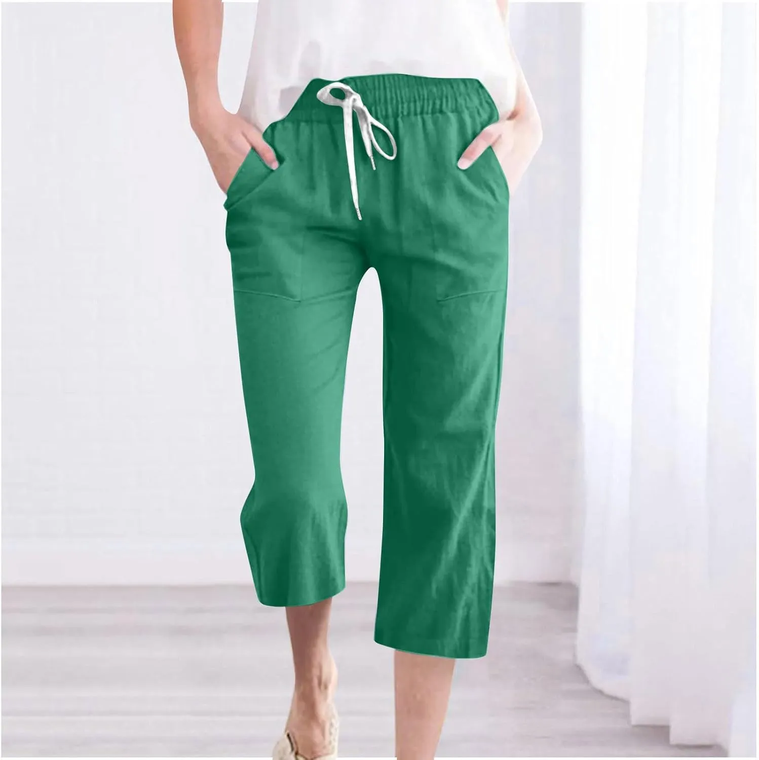 Womens Summer Linen Pants 2025 High Waisted Wide Leg Yoga Pants Lightweight Travel Loose Capris Cropped Trousers