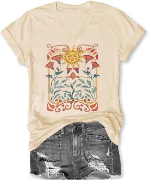 Women's T-Shirts V-Neck Boho Flowers Wildflowers Tee Cute Summer Graphic Shirts Short Sleeve T Shirt