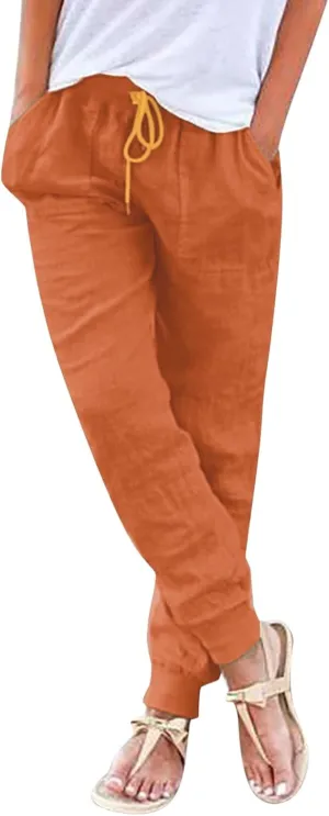 Womens Tapered Pants, Casual Linen Pants Women Drawstring Back Elastic Waist Pants Business Casual Pants Teacher Trousers
