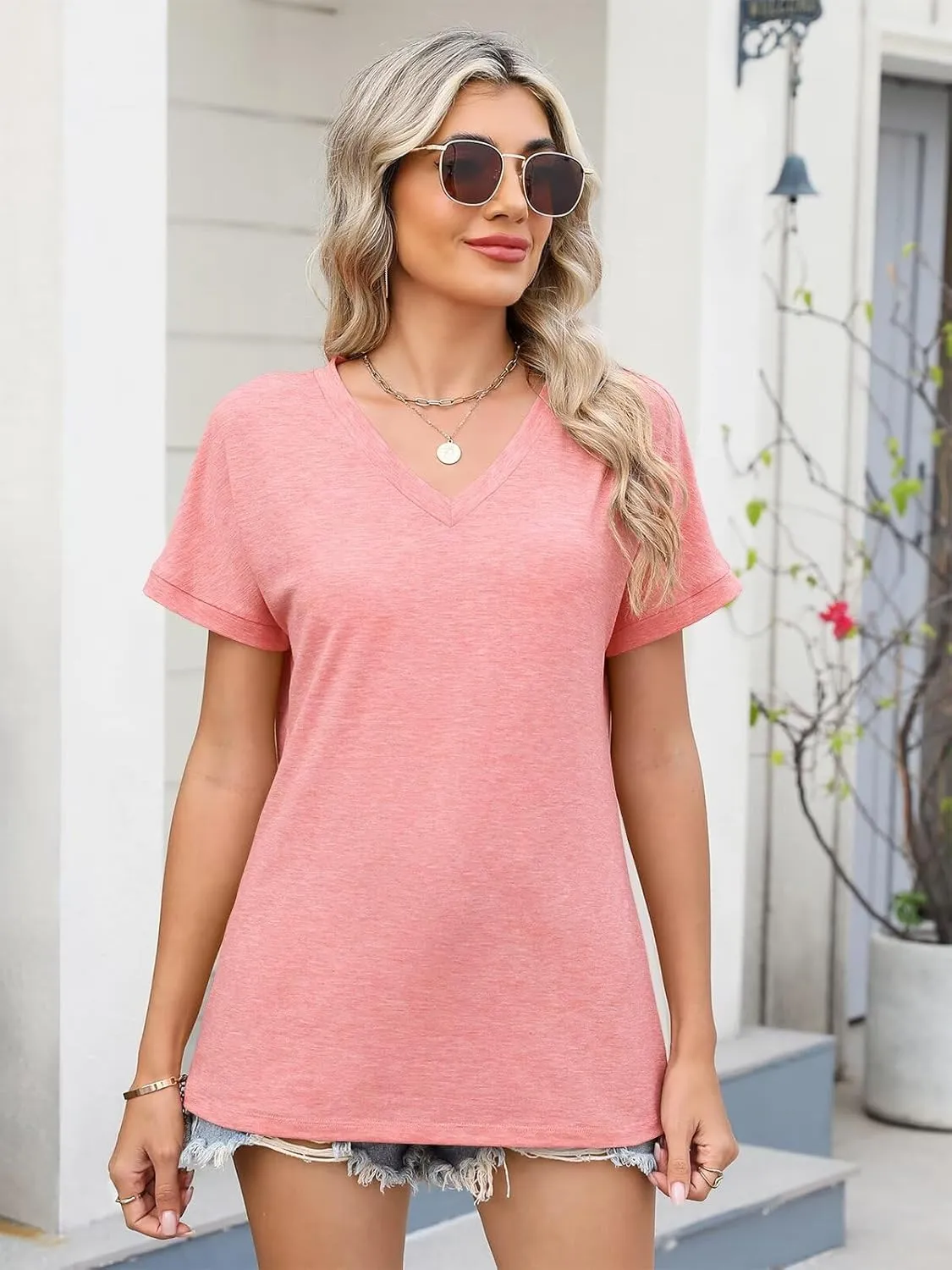 Womens V Neck Short Sleeve T Shirts Summer Basic Batwing Sleeve Tops Loose Fit Tees 2025
