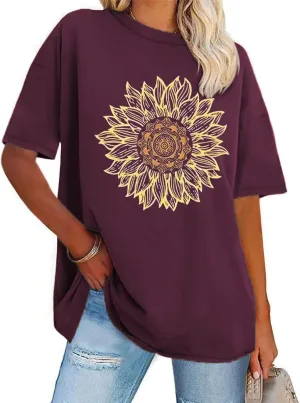 Women's Vintage Floral Crewneck T Shirt Summer Oversized Boho Wildflower Graphic Loose Tees Short Sleeve Casual Tops Wine Red