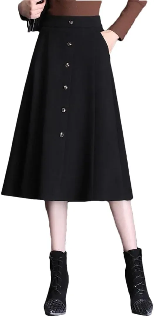 Women's Winter Warm Woolen Skirt High Waist Button Slit Office Pleated Midi Skirt