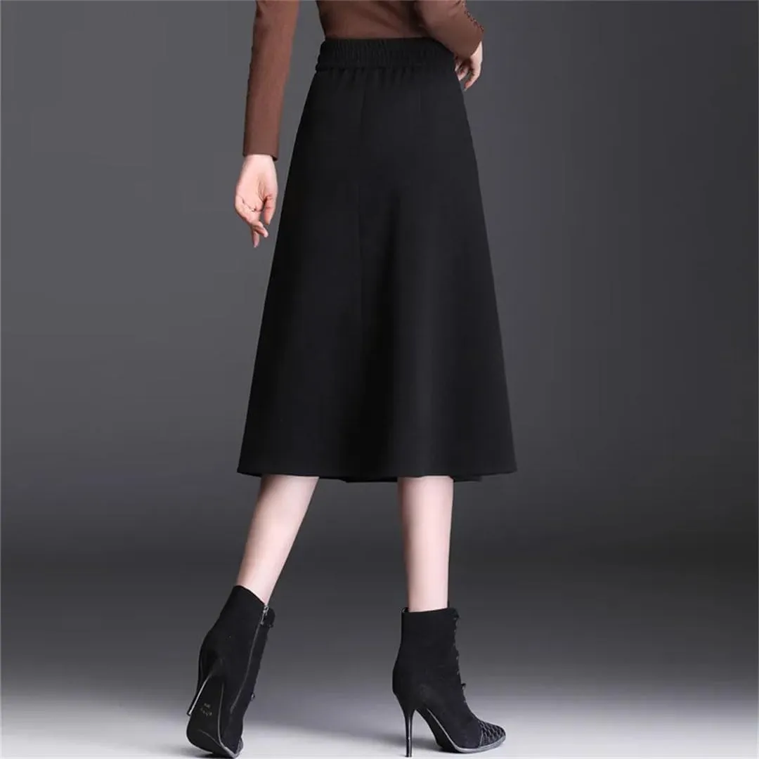 Women's Winter Warm Woolen Skirt High Waist Button Slit Office Pleated Midi Skirt