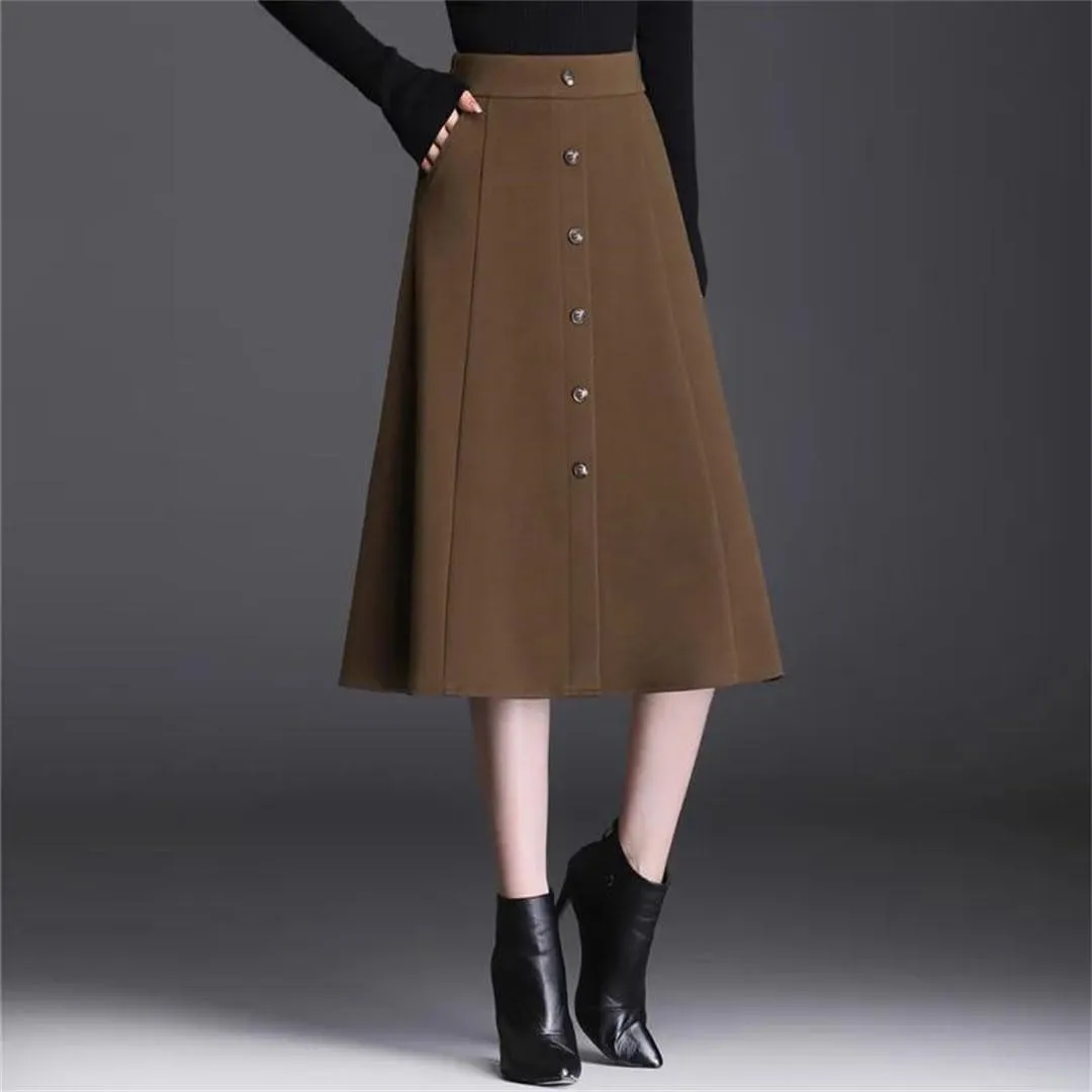 Women's Winter Warm Woolen Skirt High Waist Button Slit Office Pleated Midi Skirt
