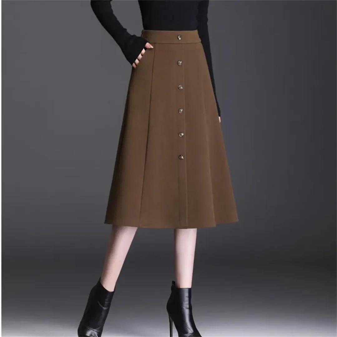 Women's Winter Warm Woolen Skirt High Waist Button Slit Office Pleated Midi Skirt