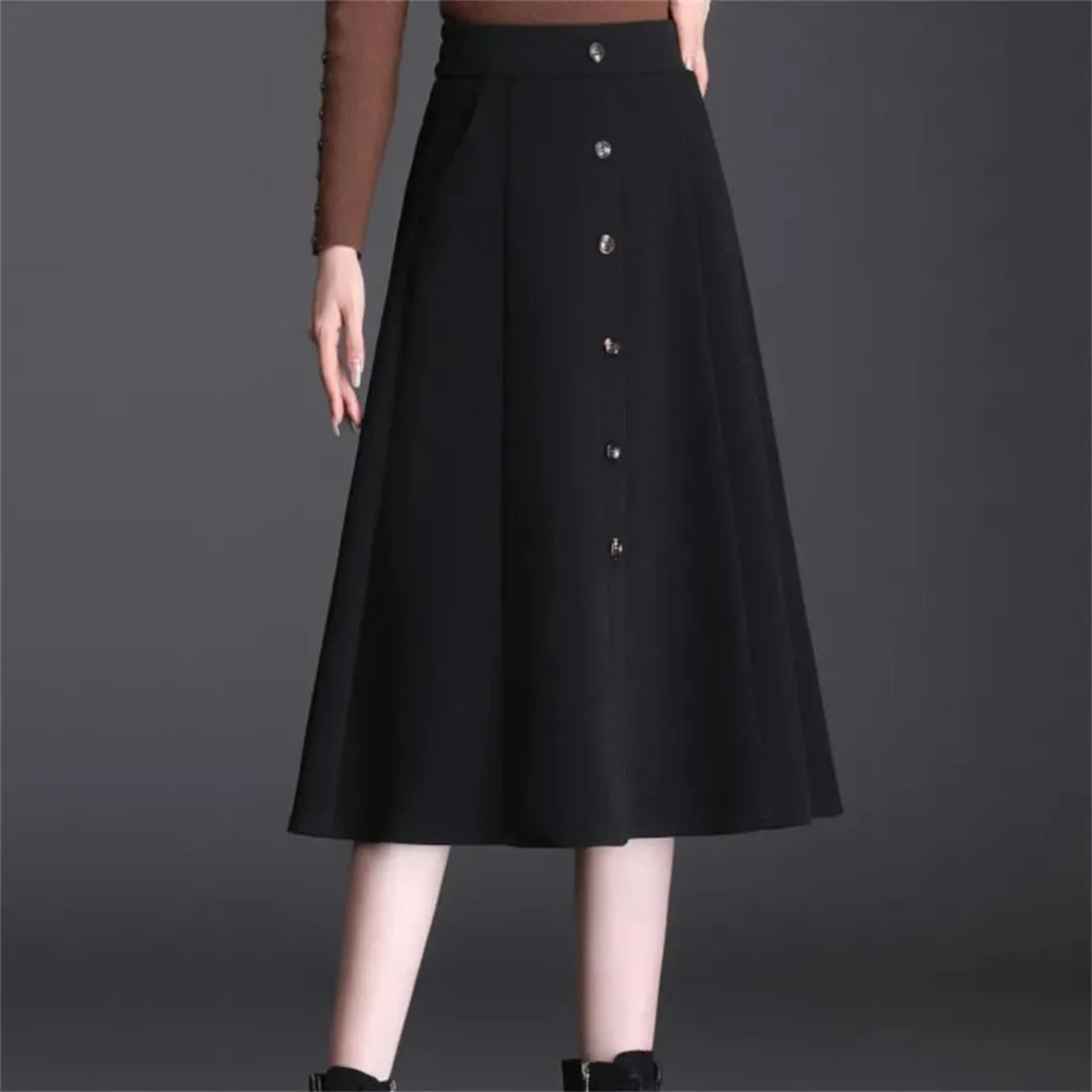 Women's Winter Warm Woolen Skirt High Waist Button Slit Office Pleated Midi Skirt