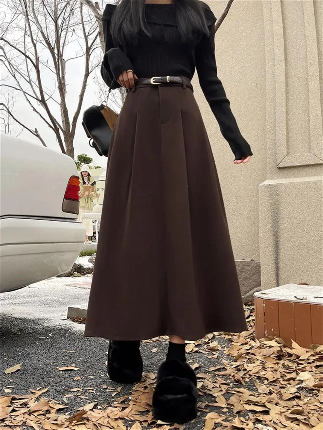 Women's Woolen Pleated Skirt Slim Fit Versatile High Waist Midi Skirt Autumn and Winter Warm Skirt