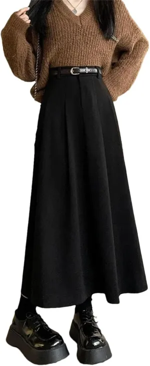 Women's Woolen Pleated Skirt Slim Fit Versatile High Waist Midi Skirt Autumn and Winter Warm Skirt
