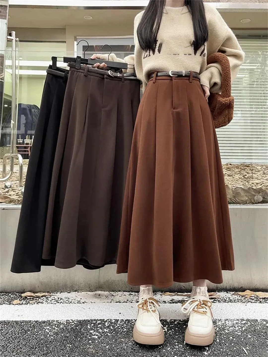 Women's Woolen Pleated Skirt Slim Fit Versatile High Waist Midi Skirt Autumn and Winter Warm Skirt