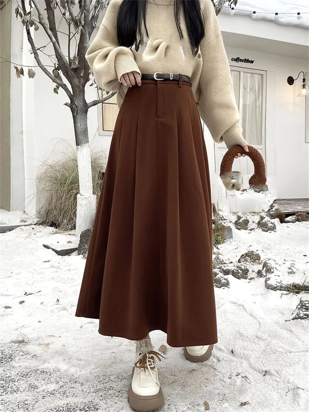Women's Woolen Pleated Skirt Slim Fit Versatile High Waist Midi Skirt Autumn and Winter Warm Skirt