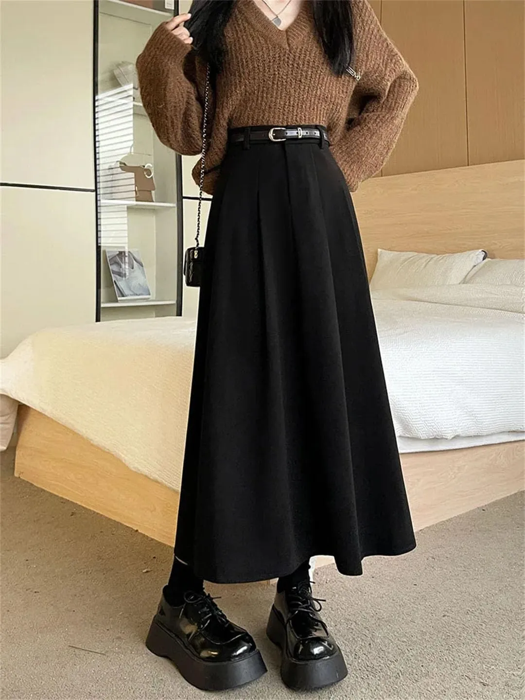 Women's Woolen Pleated Skirt Slim Fit Versatile High Waist Midi Skirt Autumn and Winter Warm Skirt