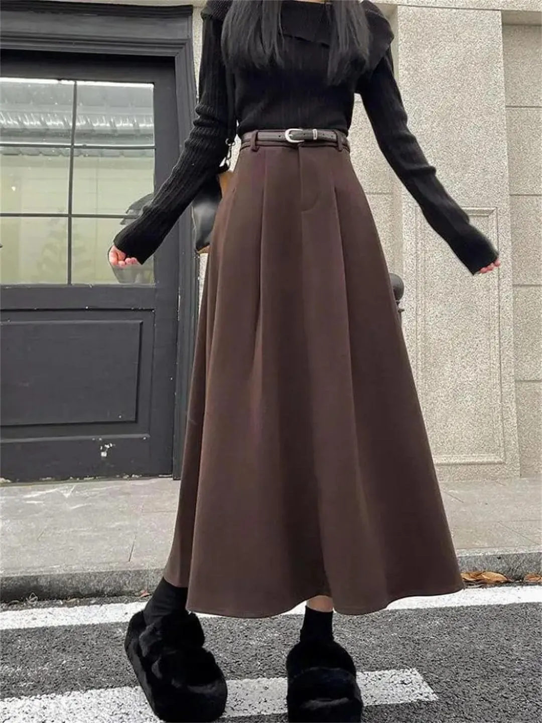 Women's Woolen Pleated Skirt Slim Fit Versatile High Waist Midi Skirt Autumn and Winter Warm Skirt