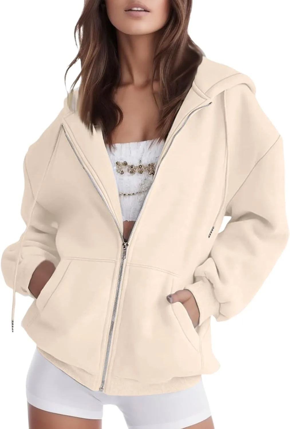 Womens Zip Up Hoodies Long Sleeve Fall Oversized Sweatshirts Casual Plain Fleece Jacket with Pockets Y2K Clothes Outwear