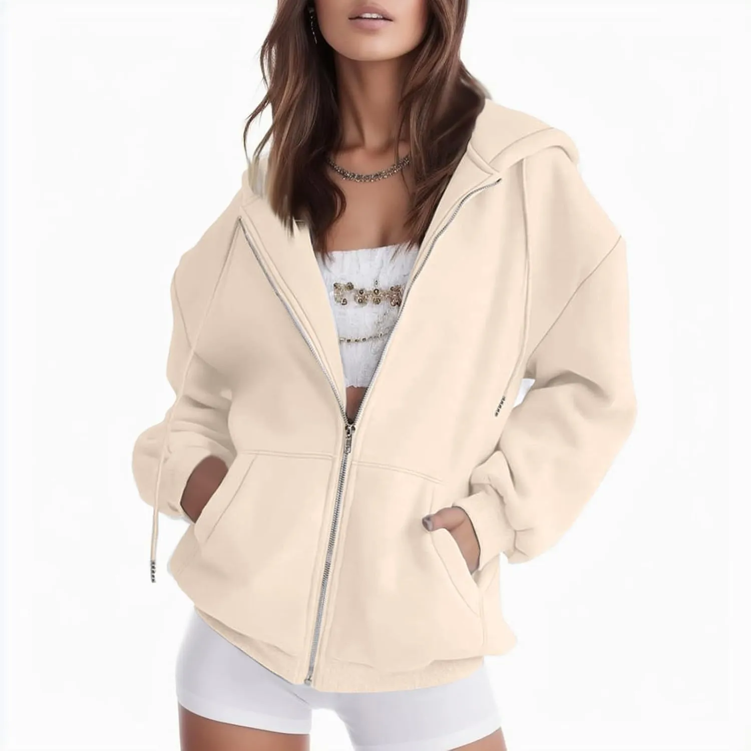 Womens Zip Up Hoodies Long Sleeve Fall Oversized Sweatshirts Casual Plain Fleece Jacket with Pockets Y2K Clothes Outwear
