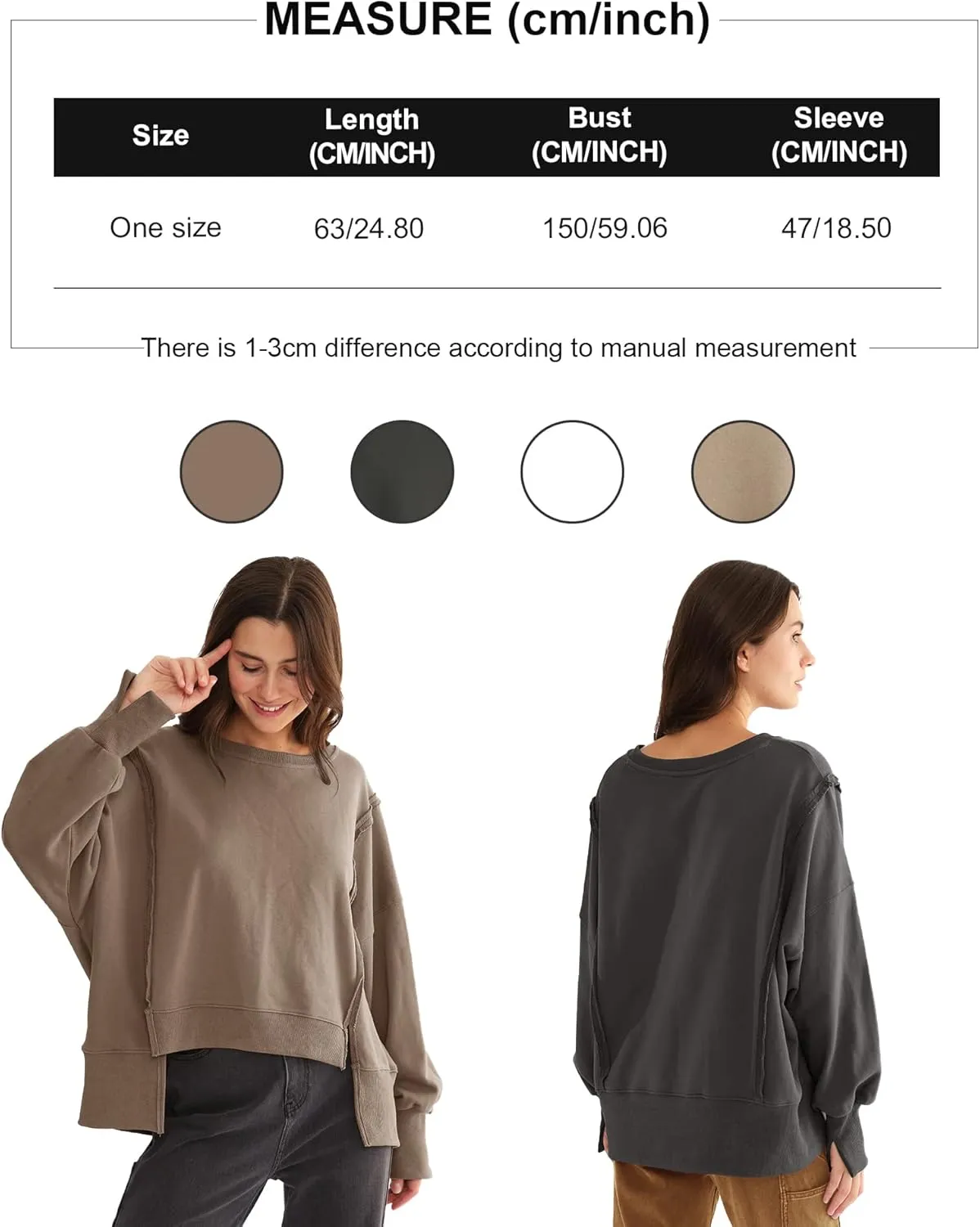 Xintianji Women's Casual Solid Oversized Contrast High Low Hem Patchwork Sweatshirts Crew Neck Side Split Streetwear