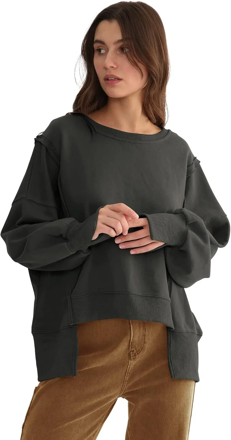 Xintianji Women's Casual Solid Oversized Contrast High Low Hem Patchwork Sweatshirts Crew Neck Side Split Streetwear