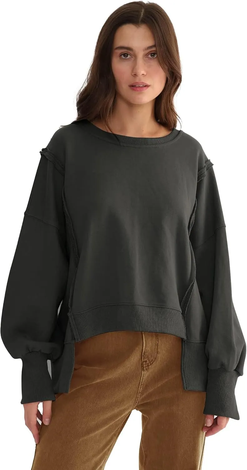 Xintianji Women's Casual Solid Oversized Contrast High Low Hem Patchwork Sweatshirts Crew Neck Side Split Streetwear