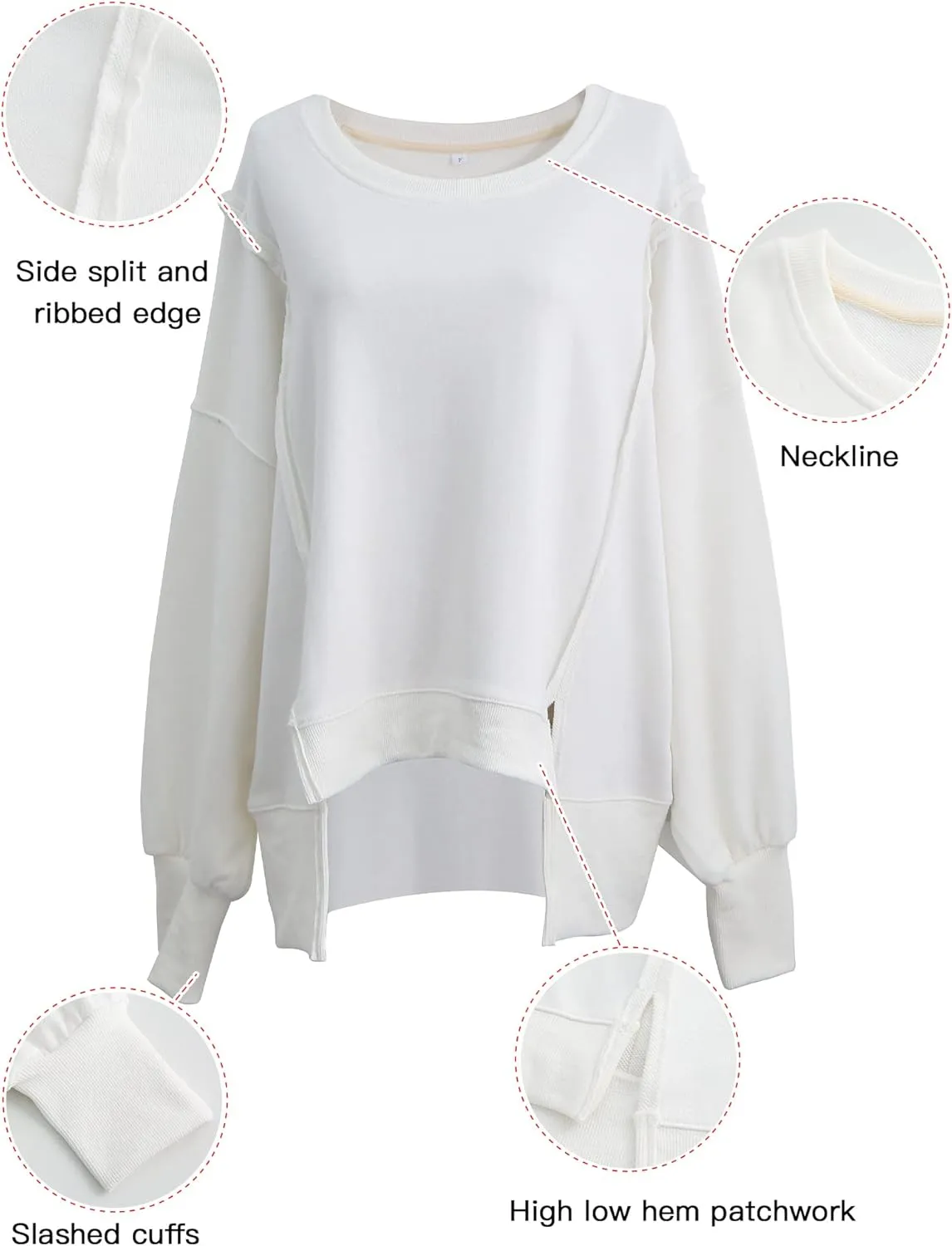 Xintianji Women's Casual Solid Oversized Contrast High Low Hem Patchwork Sweatshirts Crew Neck Side Split Streetwear