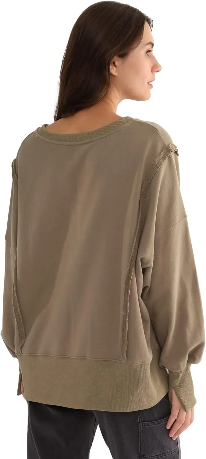 Xintianji Women's Casual Solid Oversized Contrast High Low Hem Patchwork Sweatshirts Crew Neck Side Split Streetwear