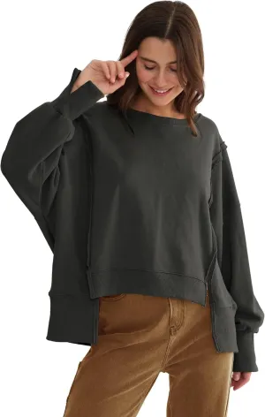 Xintianji Women's Casual Solid Oversized Contrast High Low Hem Patchwork Sweatshirts Crew Neck Side Split Streetwear