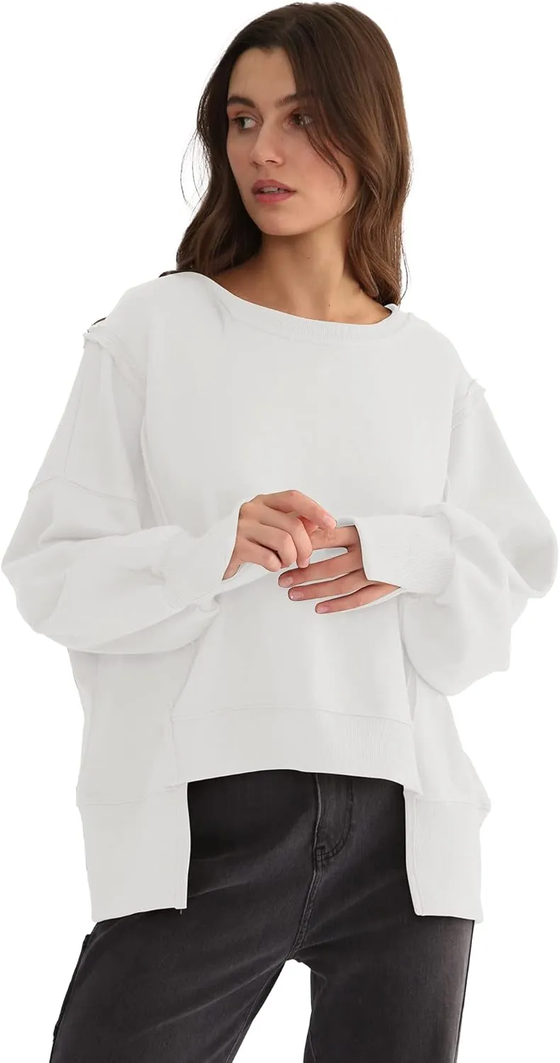 Xintianji Women's Casual Solid Oversized Contrast High Low Hem Patchwork Sweatshirts Crew Neck Side Split Streetwear