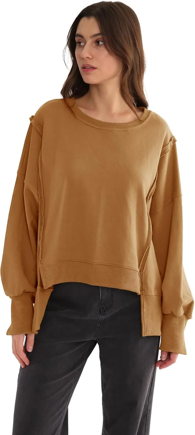 Xintianji Women's Casual Solid Oversized Contrast High Low Hem Patchwork Sweatshirts Crew Neck Side Split Streetwear