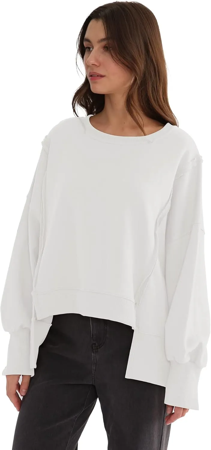 Xintianji Women's Casual Solid Oversized Contrast High Low Hem Patchwork Sweatshirts Crew Neck Side Split Streetwear