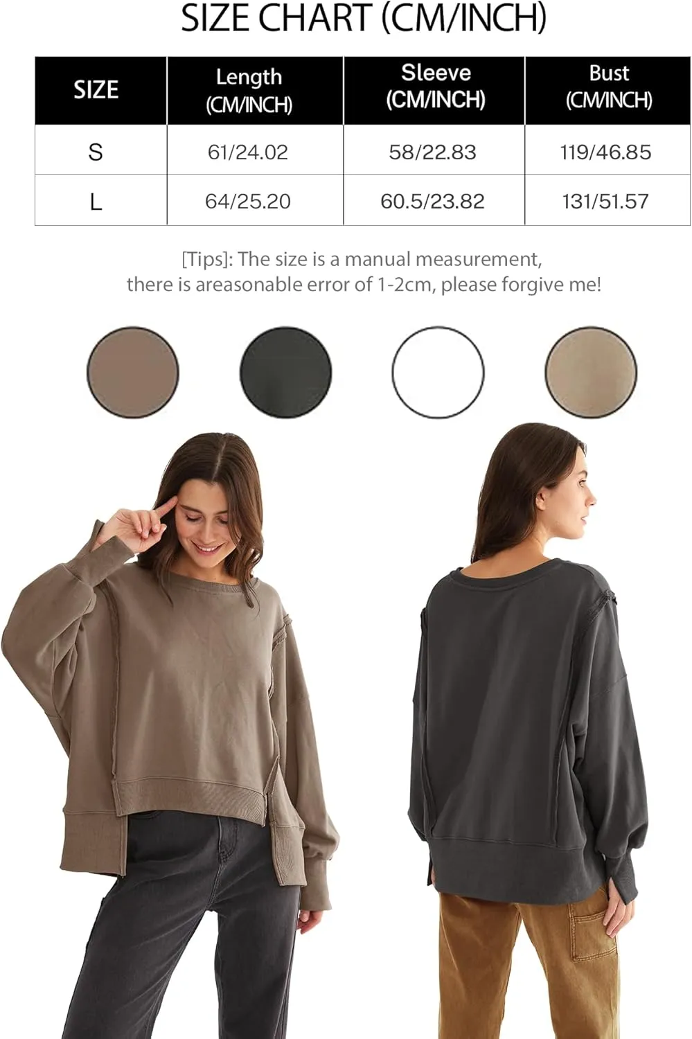 Xintianji Women's Casual Solid Oversized Contrast High Low Hem Patchwork Sweatshirts Crew Neck Side Split Streetwear