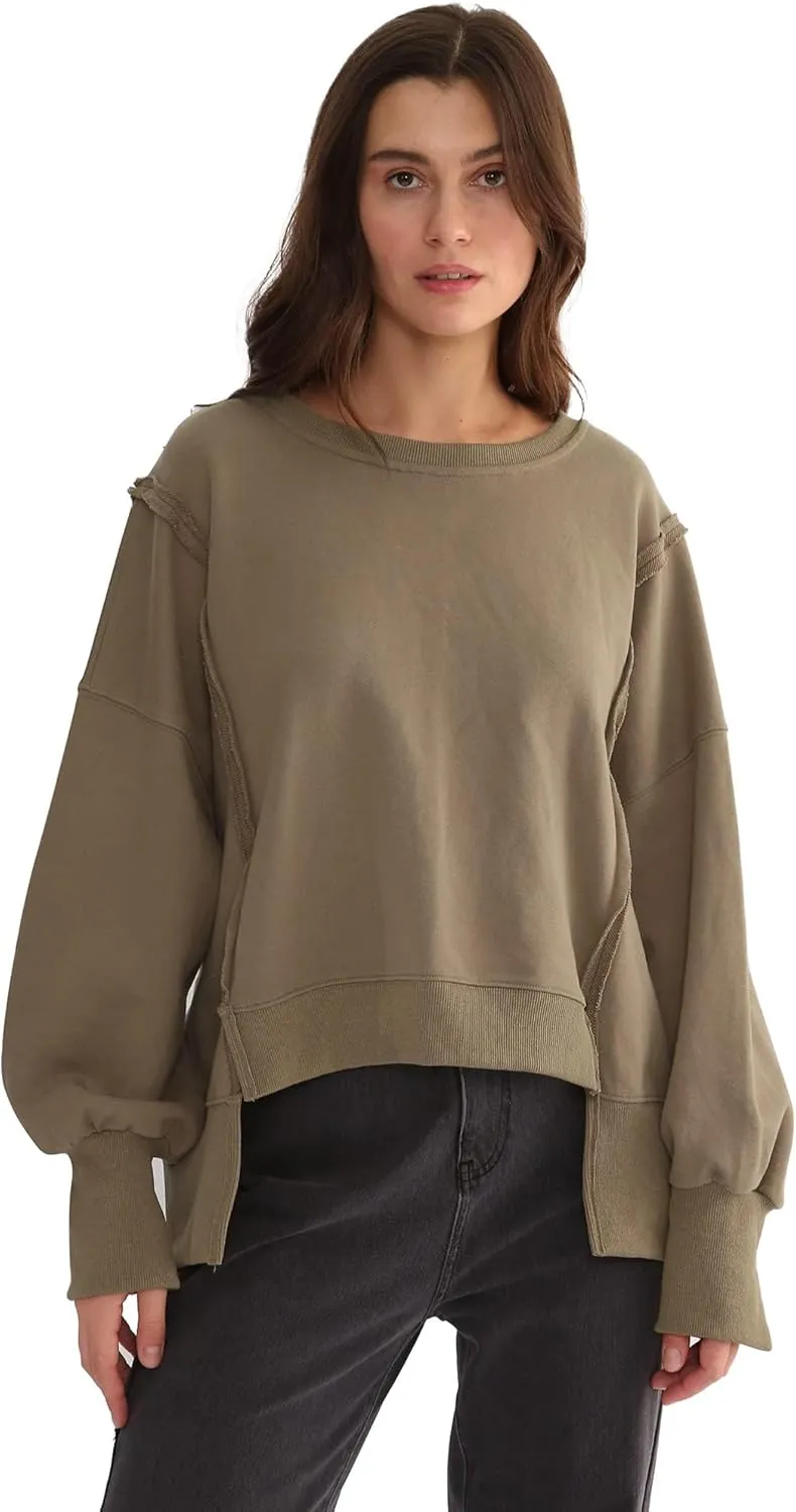 Xintianji Women's Casual Solid Oversized Contrast High Low Hem Patchwork Sweatshirts Crew Neck Side Split Streetwear