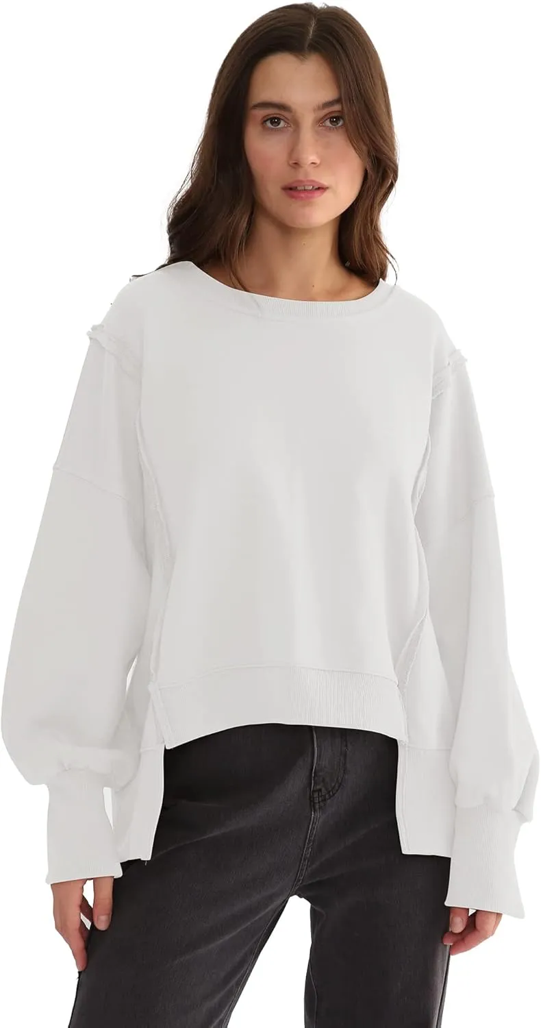 Xintianji Women's Casual Solid Oversized Contrast High Low Hem Patchwork Sweatshirts Crew Neck Side Split Streetwear