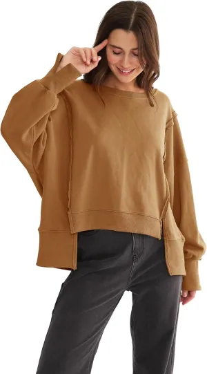 Xintianji Women's Casual Solid Oversized Contrast High Low Hem Patchwork Sweatshirts Crew Neck Side Split Streetwear