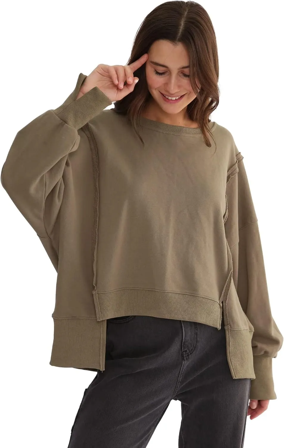 Xintianji Women's Casual Solid Oversized Contrast High Low Hem Patchwork Sweatshirts Crew Neck Side Split Streetwear
