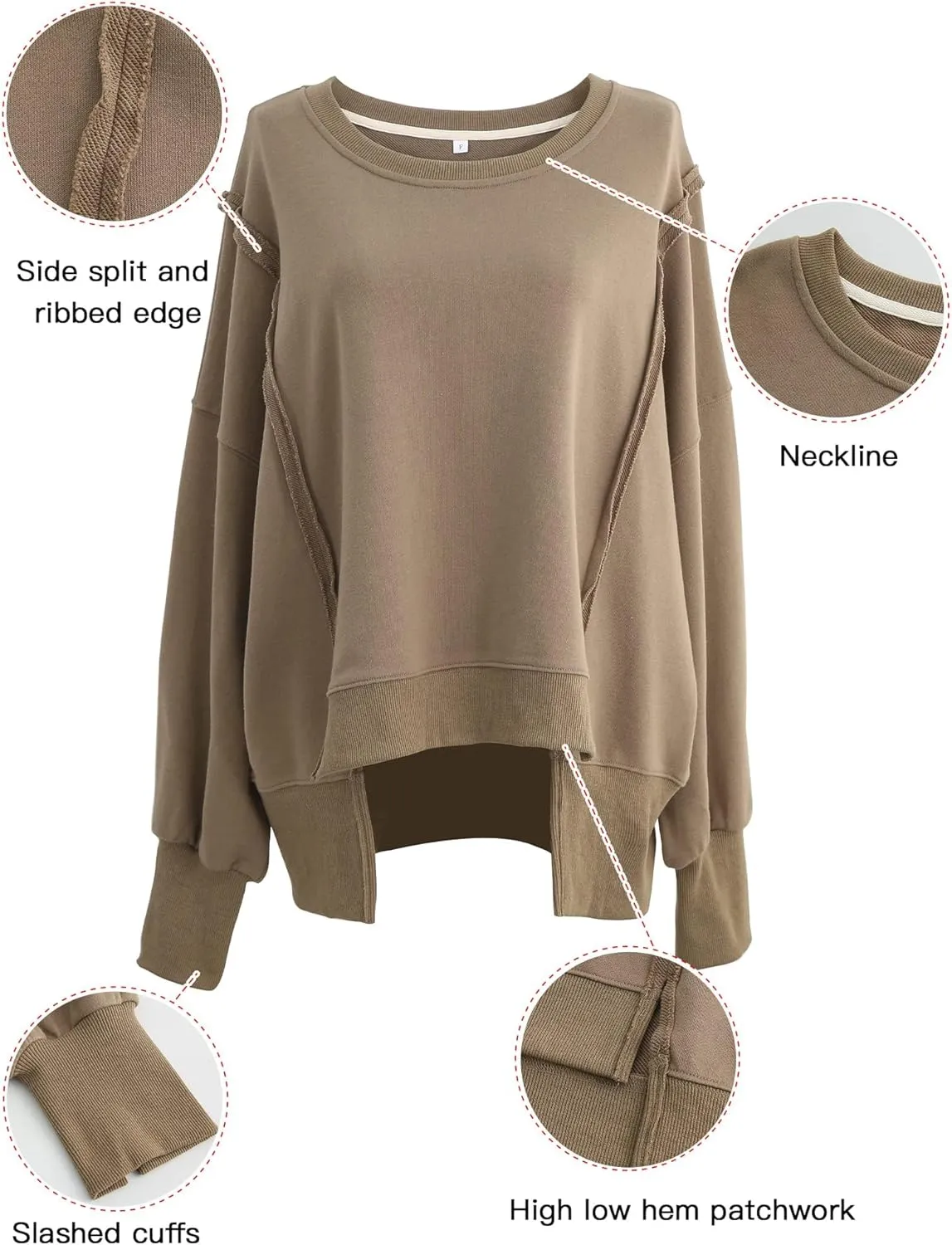 Xintianji Women's Casual Solid Oversized Contrast High Low Hem Patchwork Sweatshirts Crew Neck Side Split Streetwear