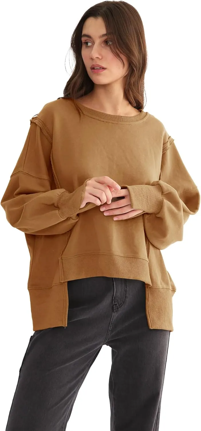 Xintianji Women's Casual Solid Oversized Contrast High Low Hem Patchwork Sweatshirts Crew Neck Side Split Streetwear
