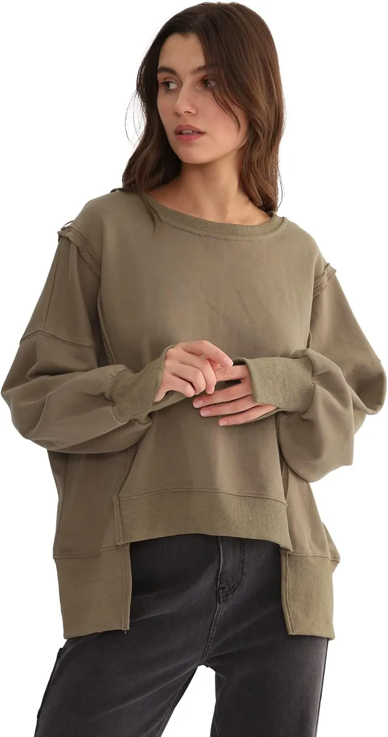 Xintianji Women's Casual Solid Oversized Contrast High Low Hem Patchwork Sweatshirts Crew Neck Side Split Streetwear