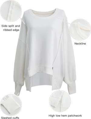 Xintianji Women's Casual Solid Oversized Contrast High Low Hem Patchwork Sweatshirts Crew Neck Side Split Streetwear