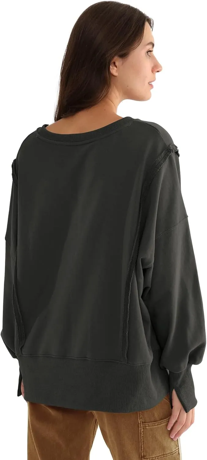 Xintianji Women's Casual Solid Oversized Contrast High Low Hem Patchwork Sweatshirts Crew Neck Side Split Streetwear