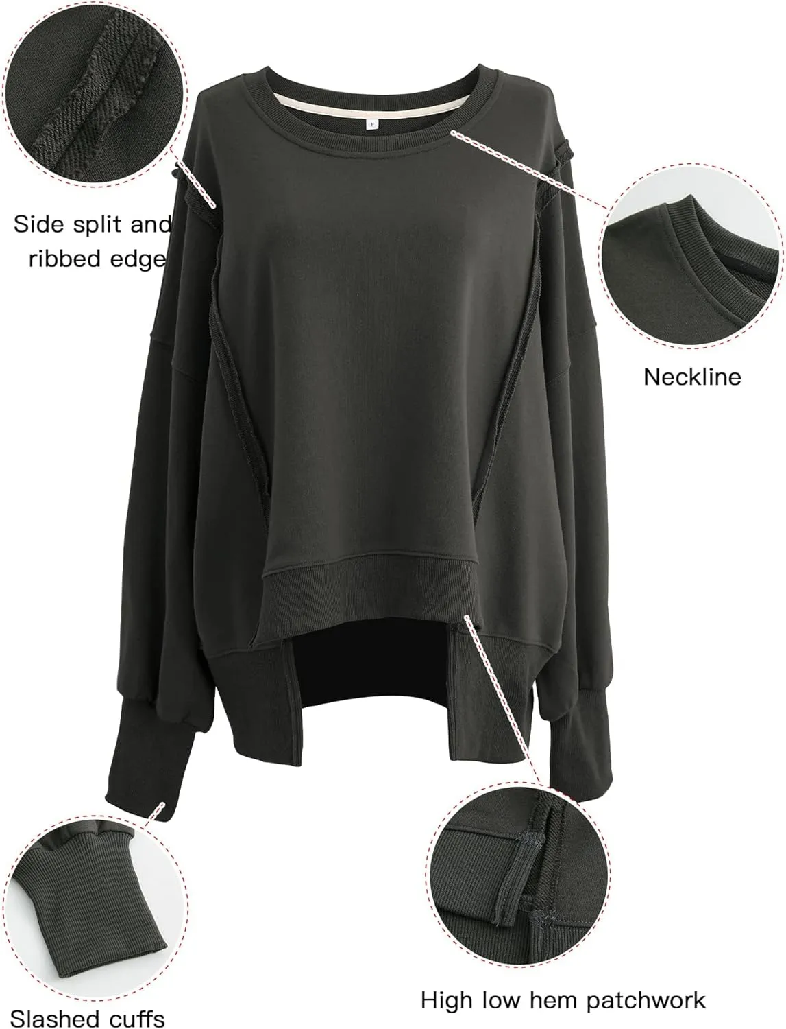 Xintianji Women's Casual Solid Oversized Contrast High Low Hem Patchwork Sweatshirts Crew Neck Side Split Streetwear